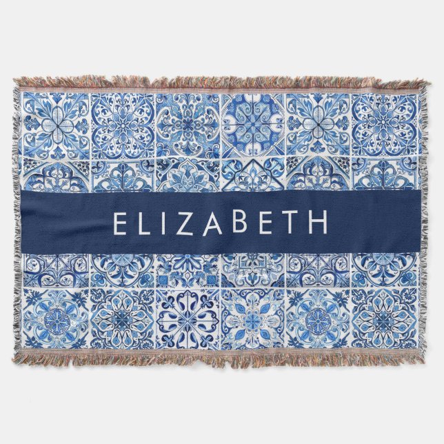 Mediterranean Tiles, Portugese, Azulejo, Your Name Throw Blanket (Front)