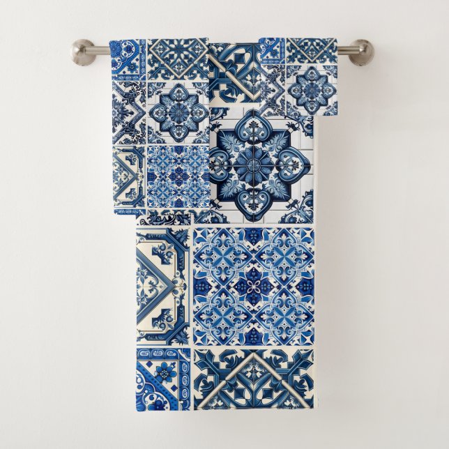 Mediterranean Tiles, Portuguese, Azulejo, Majolica Bath Towel Set (Insitu)