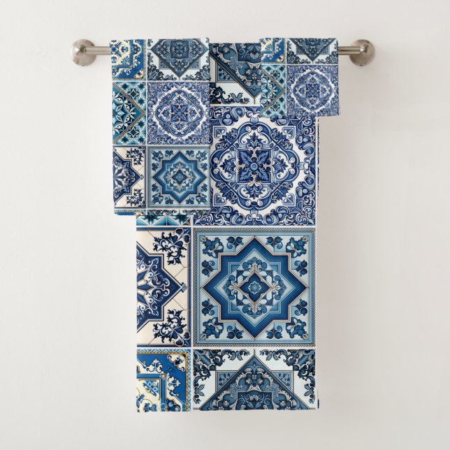 Mediterranean Tiles, Portuguese, Azulejo, Majolica Bath Towel Set (Insitu)