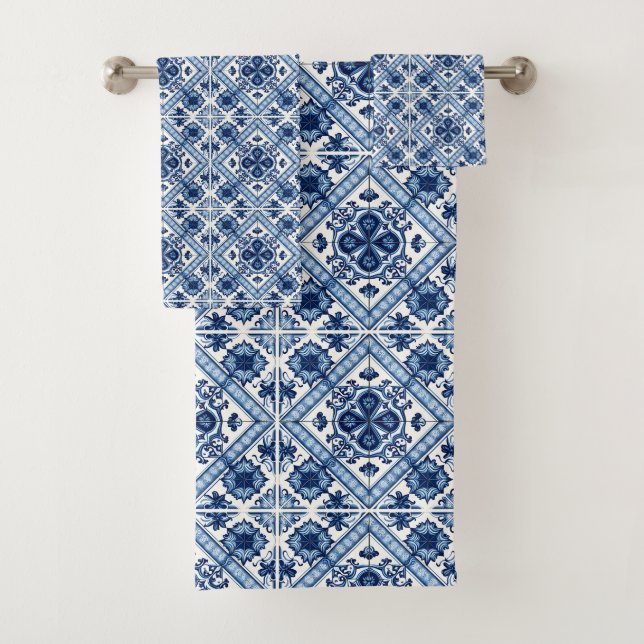 Mediterranean Tiles, Portuguese, Azulejo, Majolica Bath Towel Set (Insitu)