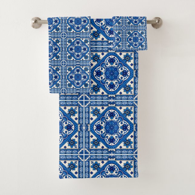 Mediterranean Tiles, Portuguese, Azulejo, Majolica Bath Towel Set (Insitu)