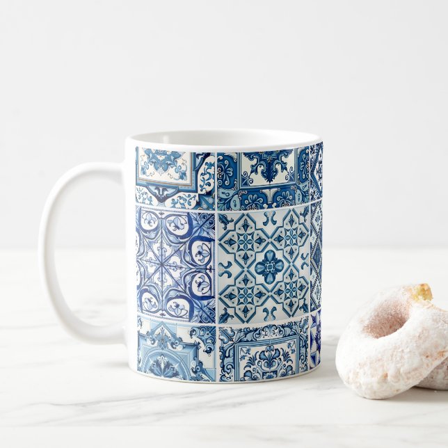 Mediterranean Tiles, Portuguese, Azulejo, Majolica Coffee Mug (With Donut)