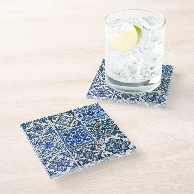 Mediterranean Tiles, Portuguese, Azulejo, Majolica Glass Coaster (Angled)