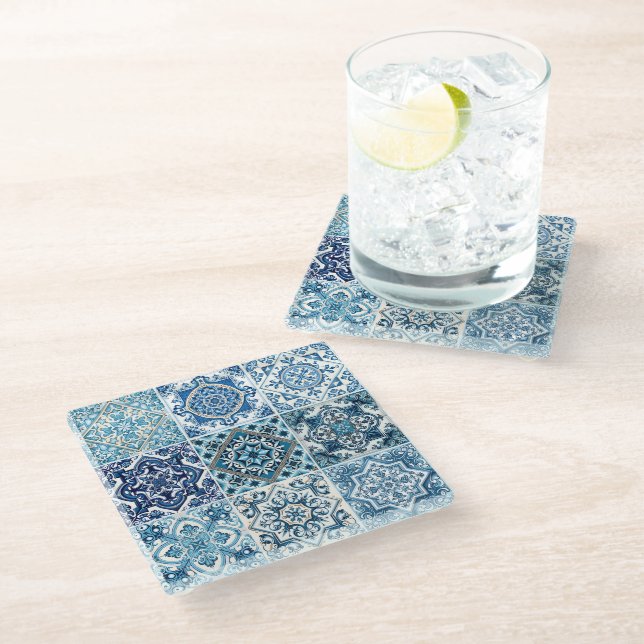 Mediterranean Tiles, Portuguese, Azulejo, Majolica Glass Coaster (Angled)