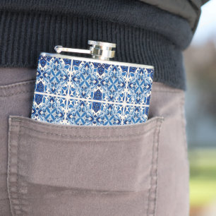 Mediterranean Tiles, Portuguese, Azulejo, Majolica Hip Flask