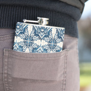 Mediterranean Tiles, Portuguese, Azulejo, Majolica Hip Flask