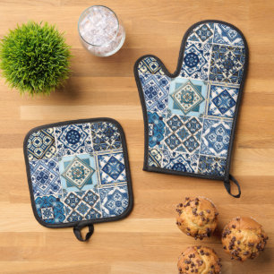 Mediterranean Tiles, Portuguese, Azulejo, Majolica Oven Mitt & Pot Holder Set