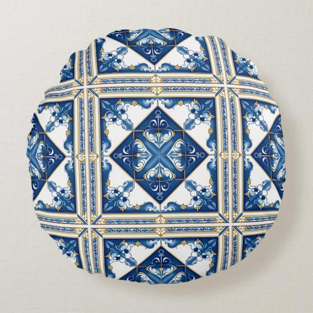 Mediterranean Tiles, Portuguese, Azulejo, Majolica Round Cushion (Front)