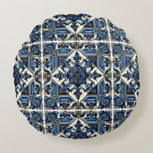 Mediterranean Tiles, Portuguese, Azulejo, Majolica Round Cushion
