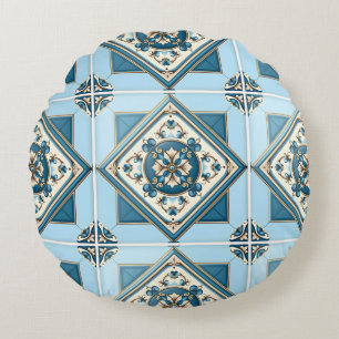 Mediterranean Tiles, Portuguese, Azulejo, Majolica Round Cushion