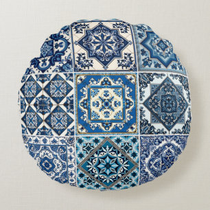Mediterranean Tiles, Portuguese, Azulejo, Majolica Round Cushion