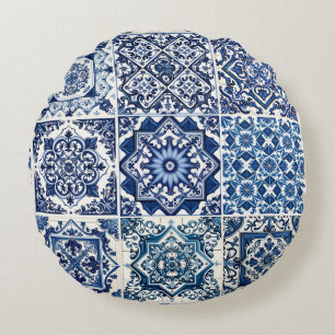 Mediterranean Tiles, Portuguese, Azulejo, Majolica Round Cushion