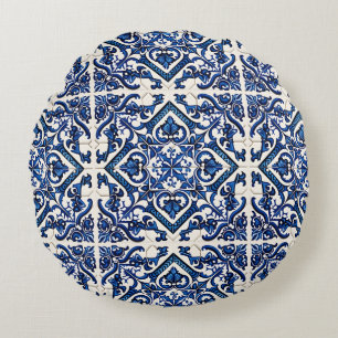 Mediterranean Tiles, Portuguese, Azulejo, Majolica Round Cushion