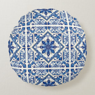 Mediterranean Tiles, Portuguese, Azulejo, Majolica Round Cushion