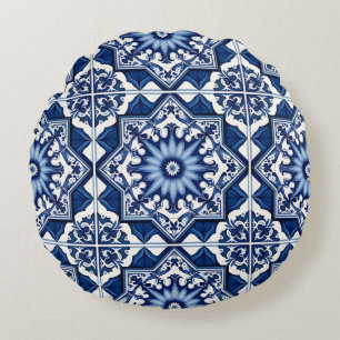 Mediterranean Tiles, Portuguese, Azulejo, Majolica Round Cushion