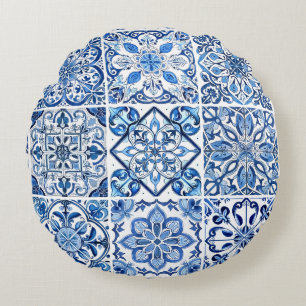 Mediterranean Tiles, Portuguese, Azulejo, Majolica Round Cushion