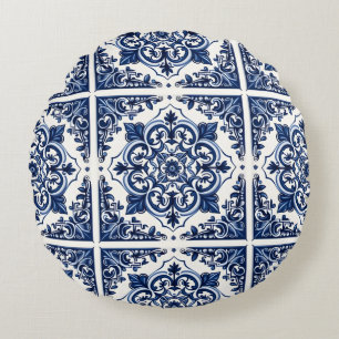 Mediterranean Tiles, Portuguese, Azulejo, Majolica Round Cushion