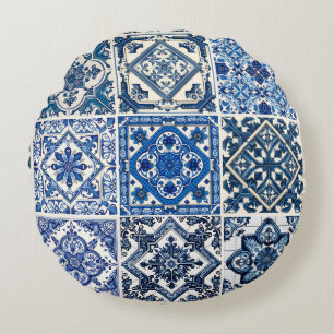 Mediterranean Tiles, Portuguese, Azulejo, Majolica Round Cushion