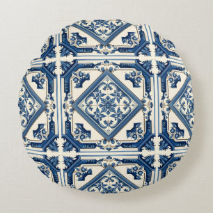 Mediterranean Tiles, Portuguese, Azulejo, Majolica Round Cushion