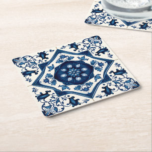 Mediterranean Tiles, Portuguese, Azulejo, Majolica Square Paper Coaster