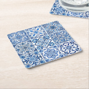 Mediterranean Tiles, Portuguese, Azulejo, Majolica Square Paper Coaster