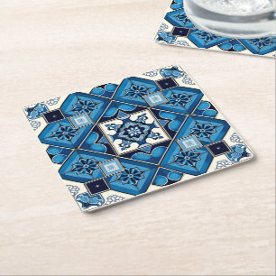 Mediterranean Tiles, Portuguese, Azulejo, Majolica Square Paper Coaster