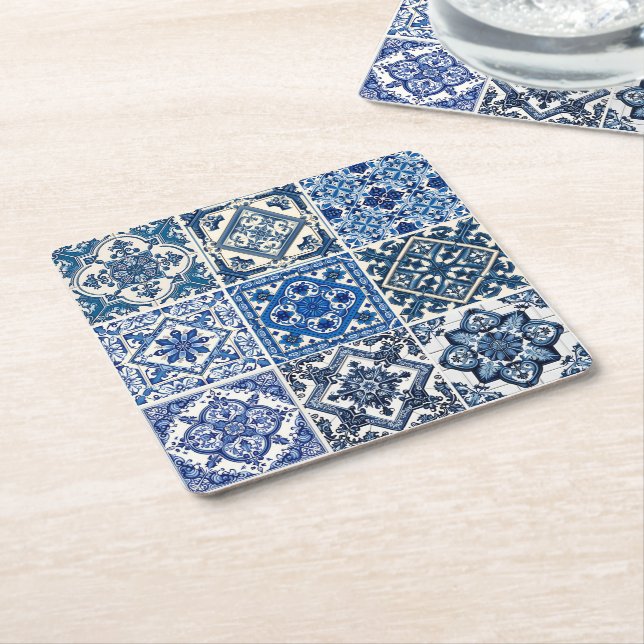 Mediterranean Tiles, Portuguese, Azulejo, Majolica Square Paper Coaster (Angled)