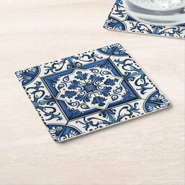 Mediterranean Tiles, Portuguese, Azulejo, Majolica Square Paper Coaster (Angled)