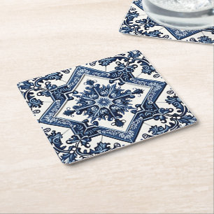 Mediterranean Tiles, Portuguese, Azulejo, Majolica Square Paper Coaster