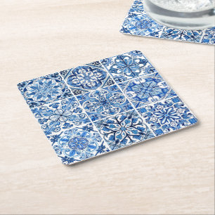 Mediterranean Tiles, Portuguese, Azulejo, Majolica Square Paper Coaster