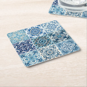 Mediterranean Tiles, Portuguese, Azulejo, Majolica Square Paper Coaster