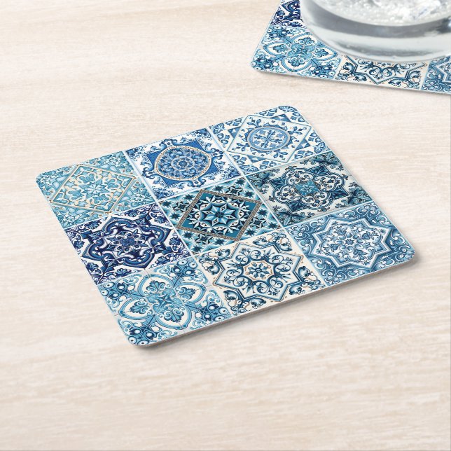 Mediterranean Tiles, Portuguese, Azulejo, Majolica Square Paper Coaster (Angled)
