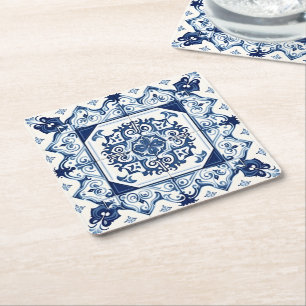 Mediterranean Tiles, Portuguese, Azulejo, Majolica Square Paper Coaster