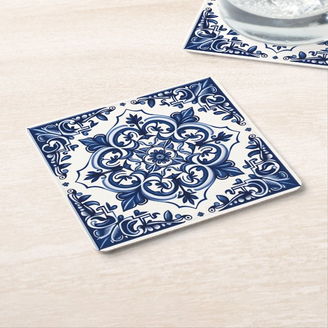 Mediterranean Tiles, Portuguese, Azulejo, Majolica Square Paper Coaster (Angled)