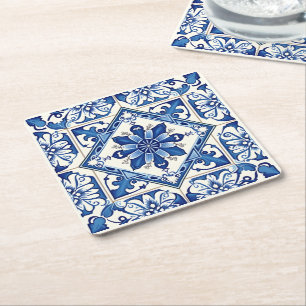 Mediterranean Tiles, Portuguese, Azulejo, Majolica Square Paper Coaster