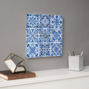Mediterranean Tiles, Portuguese, Azulejo, Majolica Square Wall Clock