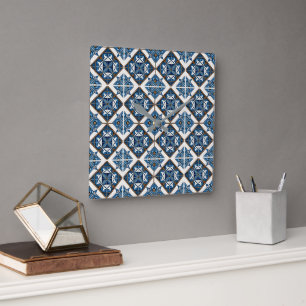 Mediterranean Tiles, Portuguese, Azulejo, Majolica Square Wall Clock