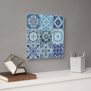 Mediterranean Tiles, Portuguese, Azulejo, Majolica Square Wall Clock