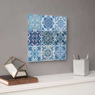 Mediterranean Tiles, Portuguese, Azulejo, Majolica Square Wall Clock