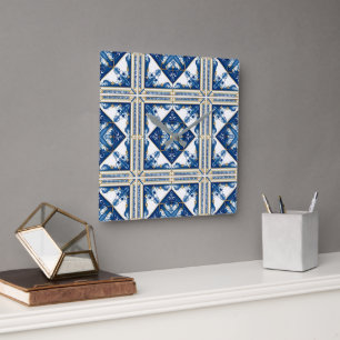 Mediterranean Tiles, Portuguese, Azulejo, Majolica Square Wall Clock