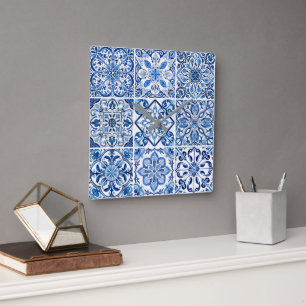 Mediterranean Tiles, Portuguese, Azulejo, Majolica Square Wall Clock