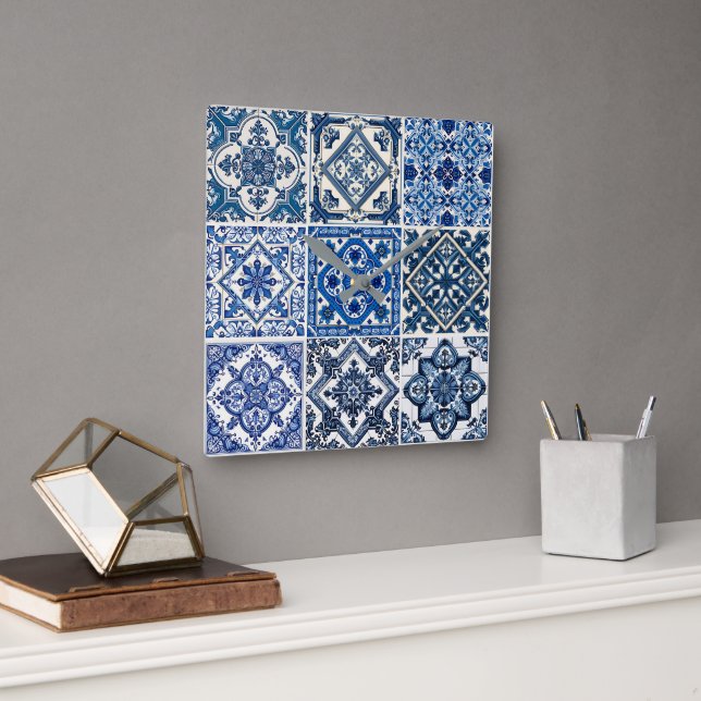 Mediterranean Tiles, Portuguese, Azulejo, Majolica Square Wall Clock (Office)