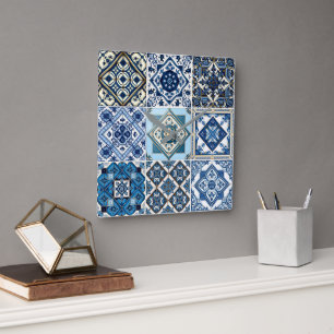 Mediterranean Tiles, Portuguese, Azulejo, Majolica Square Wall Clock