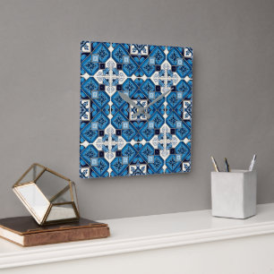 Mediterranean Tiles, Portuguese, Azulejo, Majolica Square Wall Clock