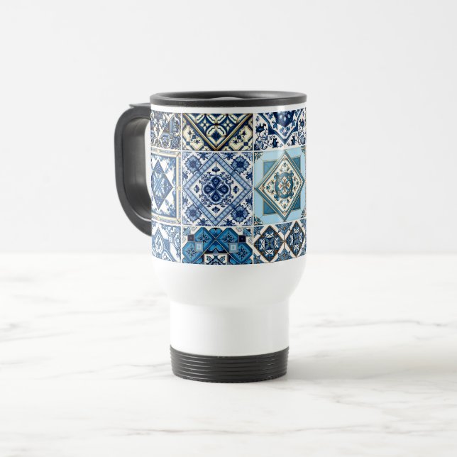 Mediterranean Tiles, Portuguese, Azulejo, Majolica Travel Mug (Front Left)