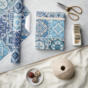 Mediterranean Tiles, Portuguese, Azulejo, Majolica Wrapping Paper