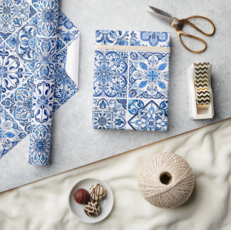 Mediterranean Tiles, Portuguese, Azulejo, Majolica Wrapping Paper