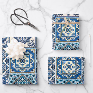 Mediterranean Tiles, Portuguese, Azulejo, Majolica Wrapping Paper Sheet