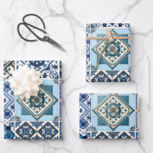 Mediterranean Tiles, Portuguese, Azulejo, Majolica Wrapping Paper Sheet