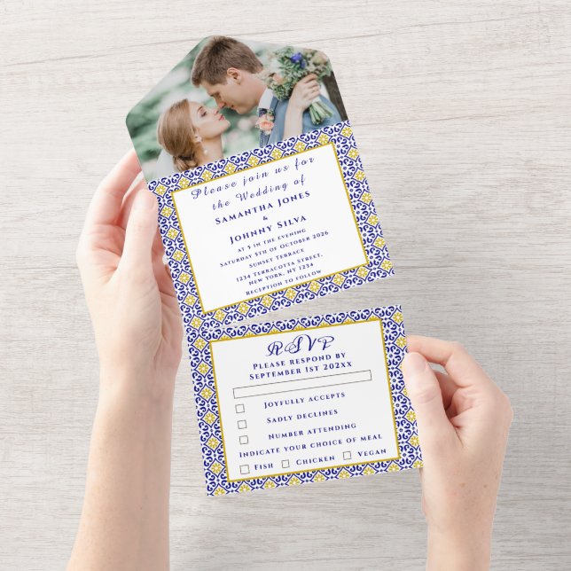 Mediterranean Tiles Portuguese Photo Wedding  All In One Invitation (Tearaway)